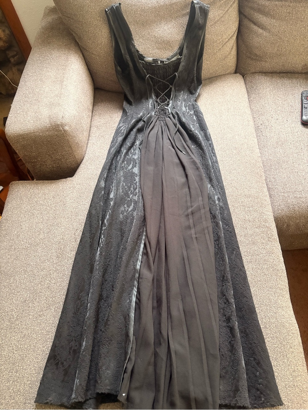Black Lace Panel Maxi Dress with Front Drape